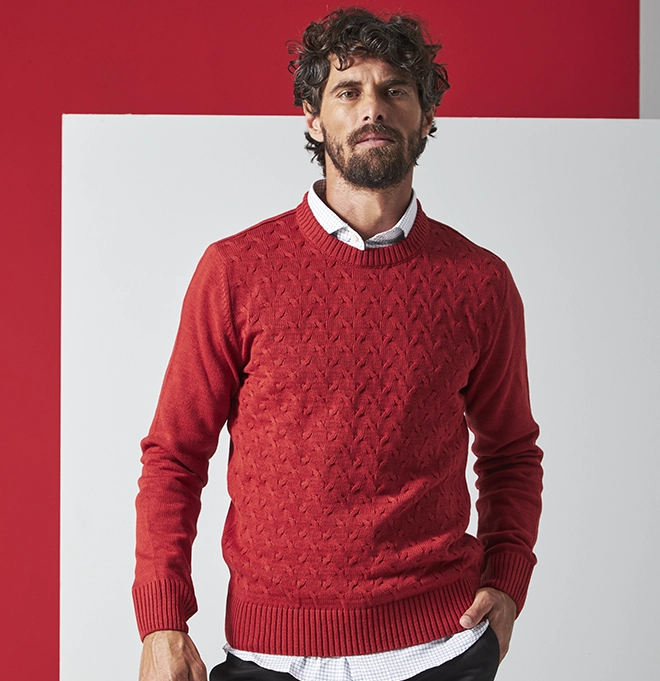 Red Cable-Knit Sweater for a Smart Casual Statement — Winter Outfits for Men