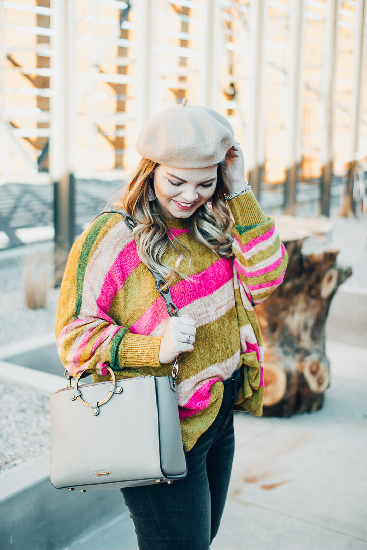 Colorful Striped Sweater with Black Jeans and Beret — Nashville Winter Outfits