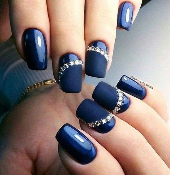 Matte and Glossy Navy Rhinestone Accents — Navy Blue Nails