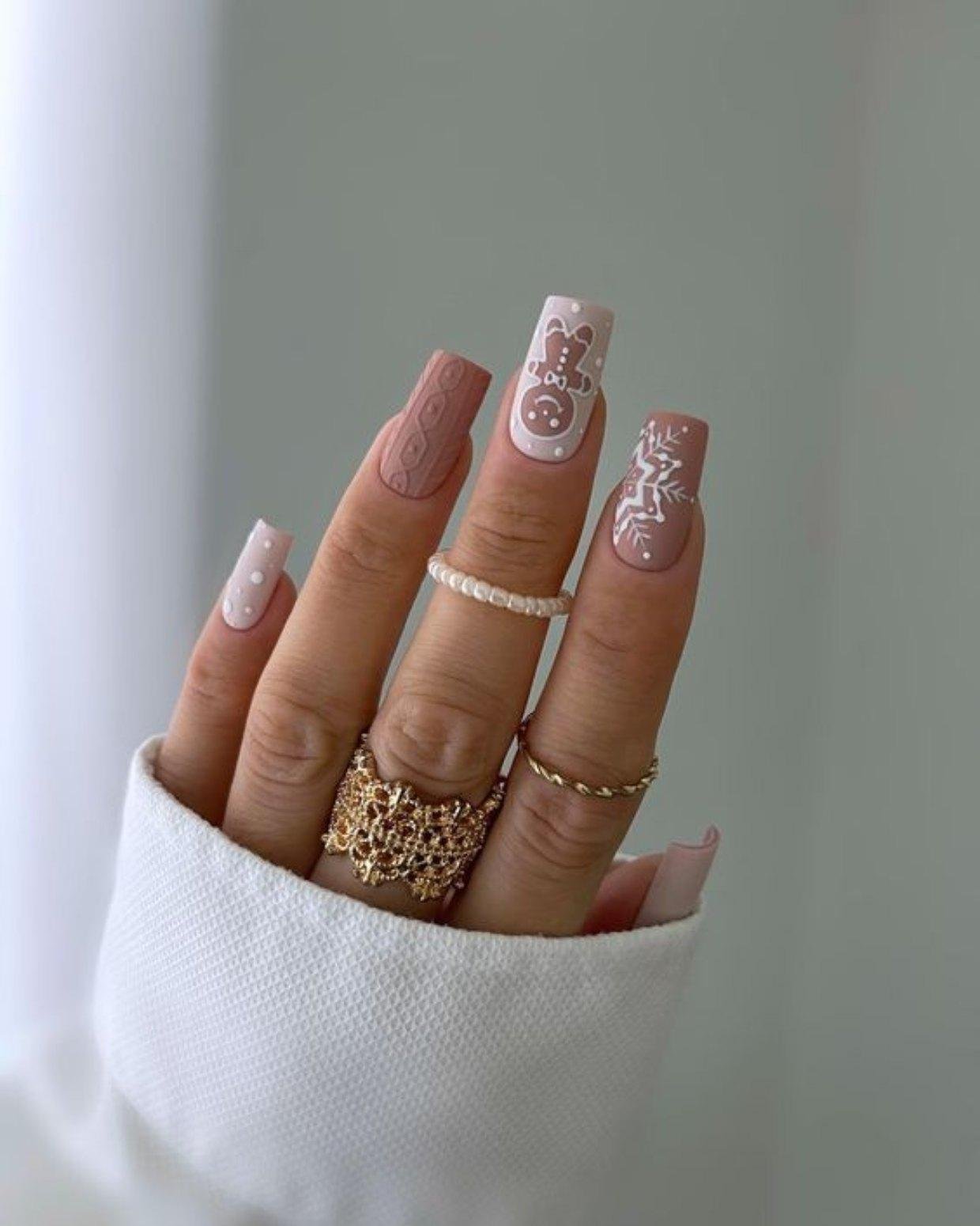 Matte Nude Holiday Character Nails — Winter Wonderland Nails