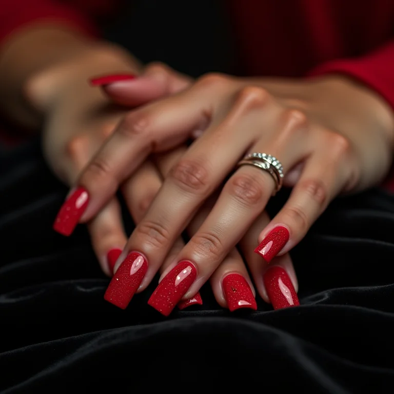 Vibrant Glittery Red Long Square Nails Vibrant Glittery Red Long Square Nails — Winter Red Nails