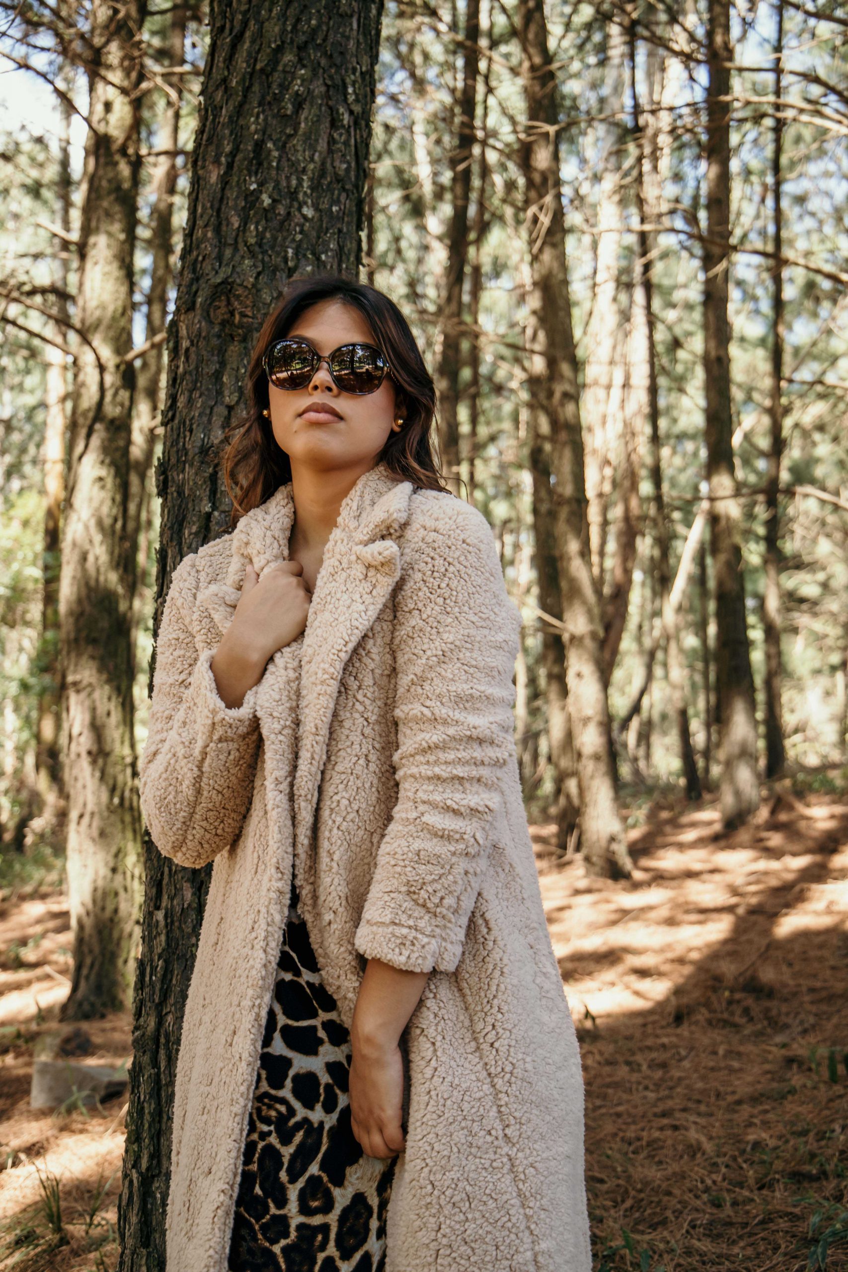 Beige Longline Teddy Coat with Leopard Print Skirt — Teddy Coat Outfits