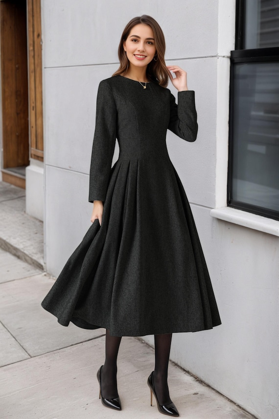 Dark Grey Fit and Flare Midi Dress with Black Heels for a Birthday Party — Winter Birthday Outfits