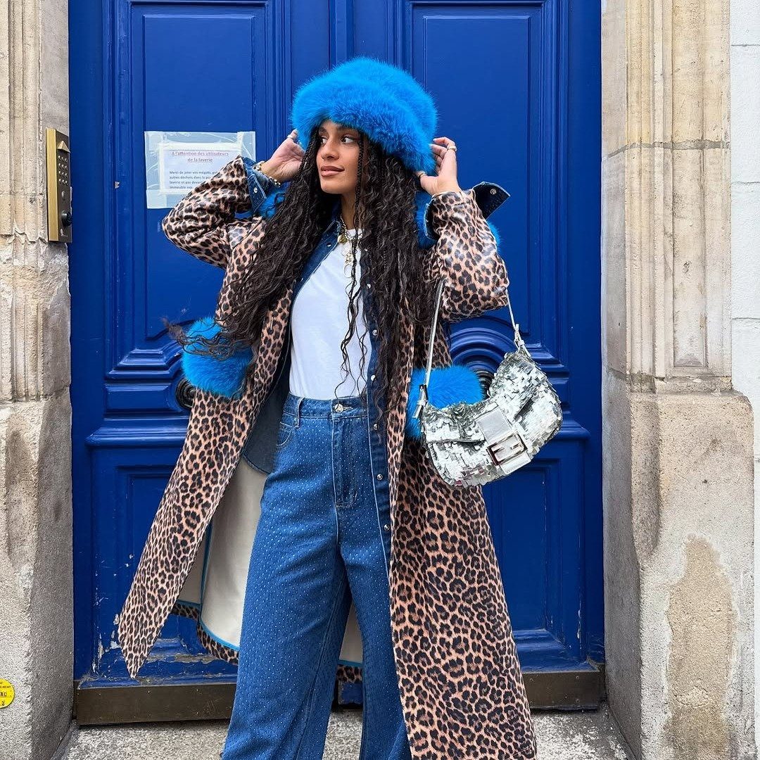 Blue Fur Hat with Leopard Print Coat and Denim — Fur Hat Outfits