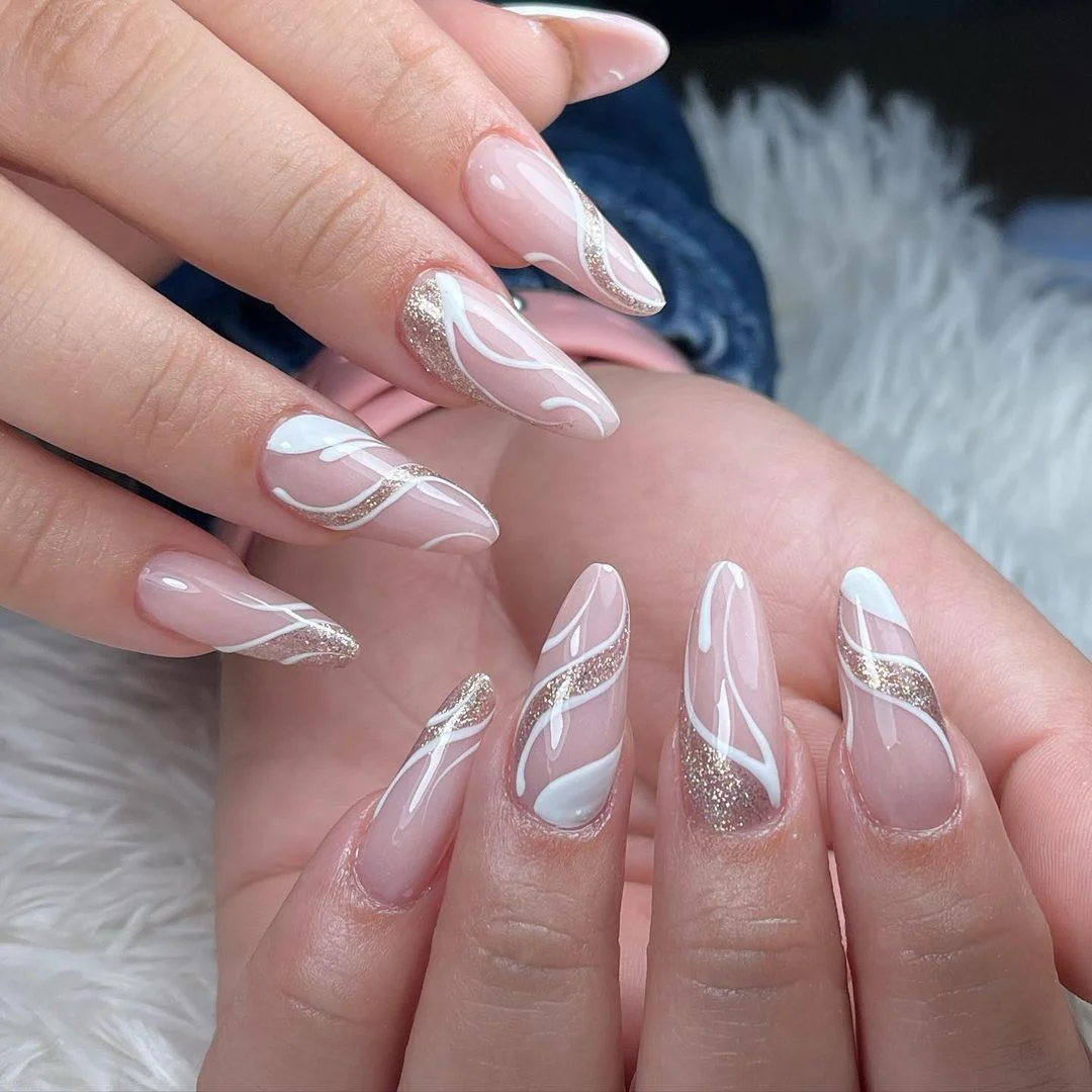 Sheer Pink Swirls and Glitter Almond Nails Sheer Pink Swirls and Glitter Almond Nails — Winter Almond Nails