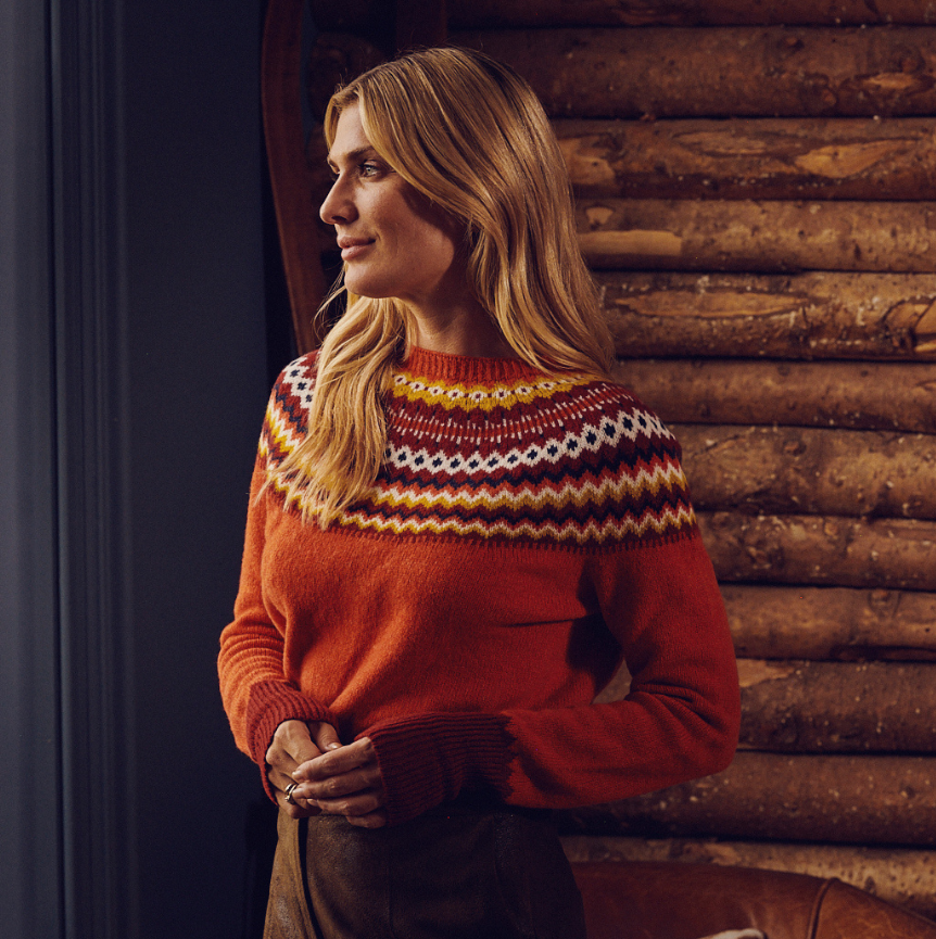 Rust-Orange Fair Isle Sweater with Brown Skirt — Fair Isle Sweater Outfits