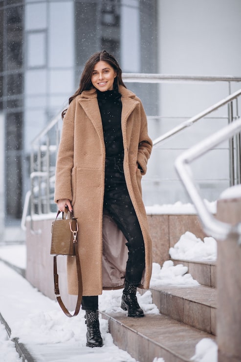 Long Camel Teddy Coat Over Black Turtleneck and Jeans Long Camel Teddy Coat Over Black Turtleneck and Jeans — Winter Photoshoot Outfits