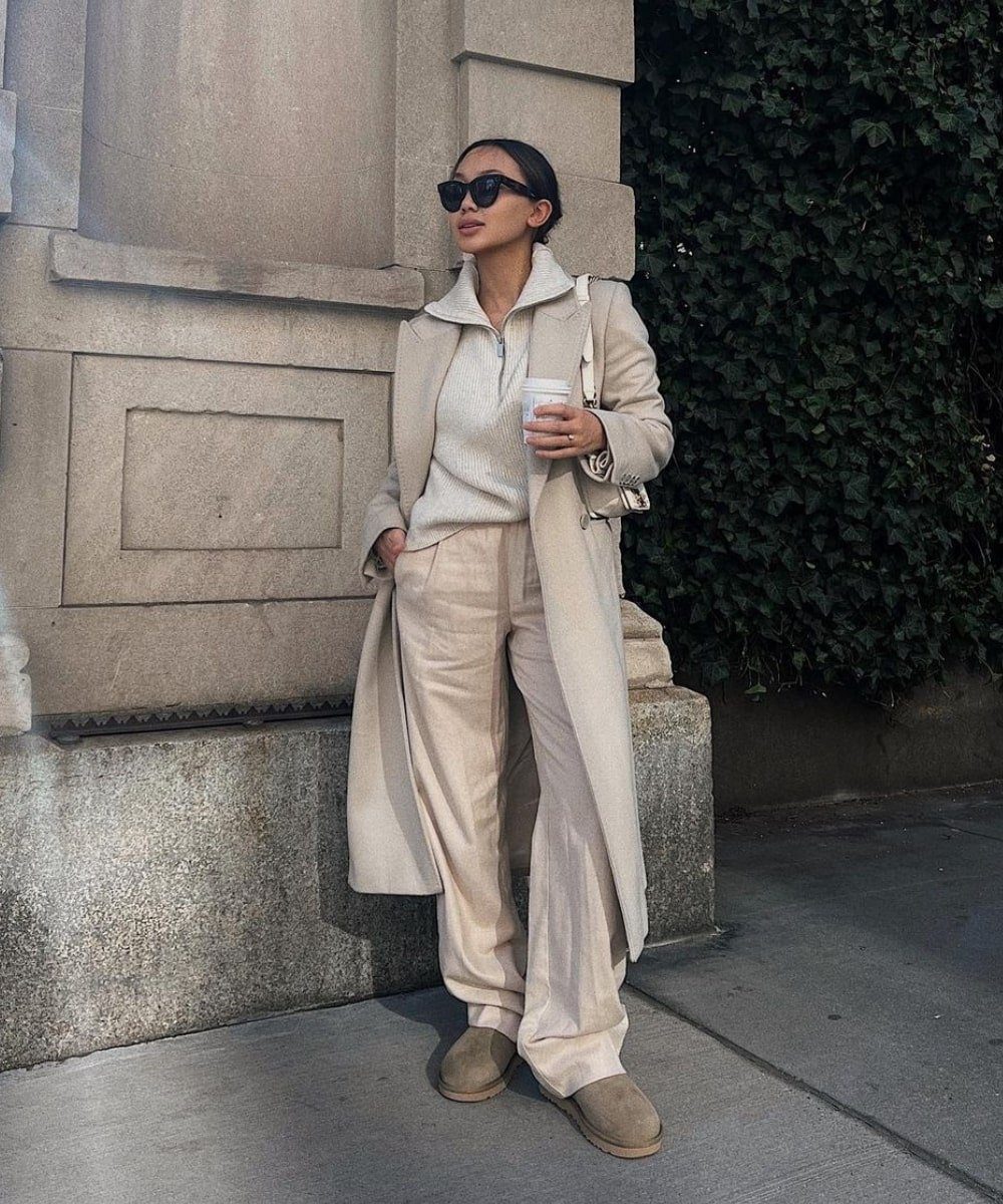Neutral Tones with Linen Trousers and Trench Coat — Ugg Boots Outfits