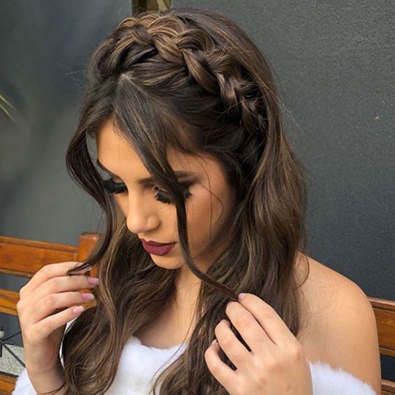 Mid-Back Wavy Dark Brown Half-Up Braided Crown — Cute Winter Hairstyles