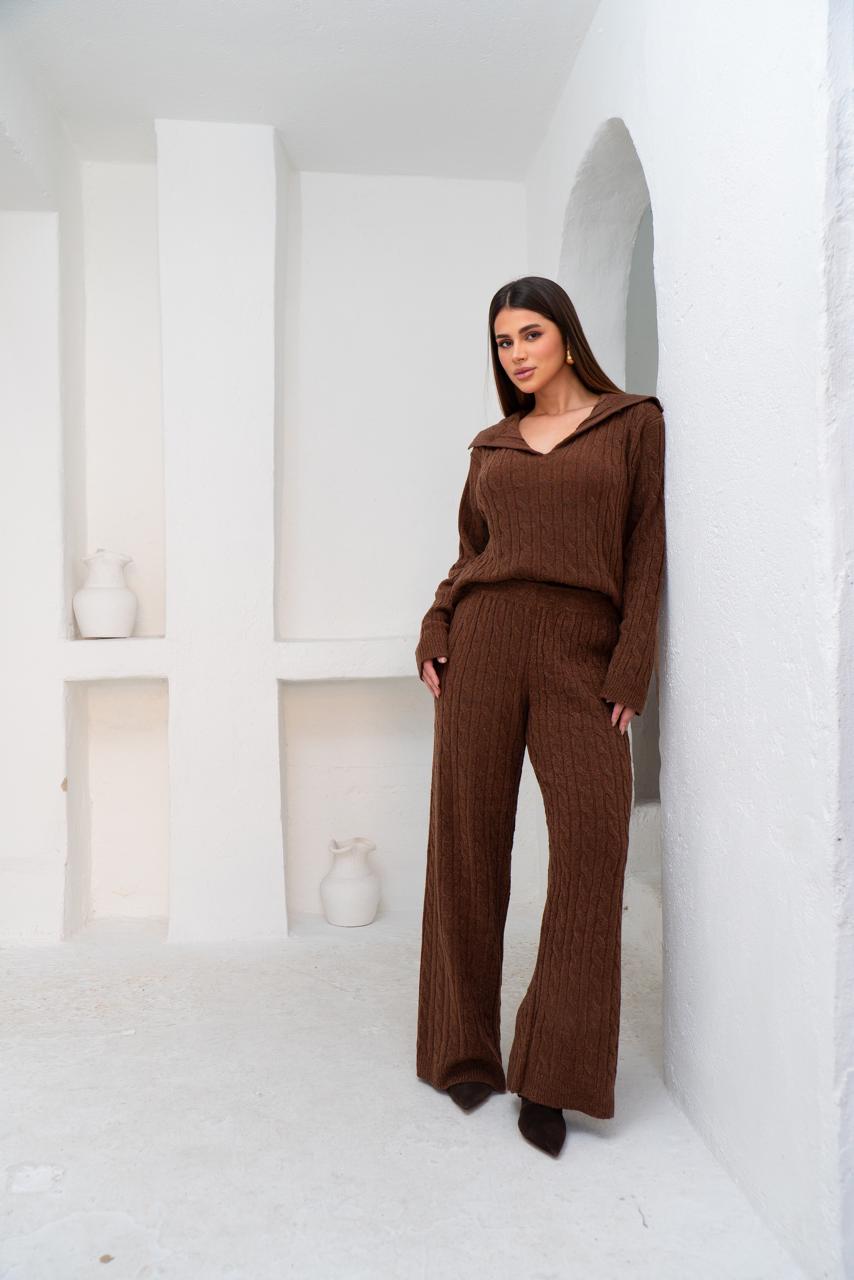 Brown Cable Knit Set with Collared Sweater Brown Cable Knit Set with Collared Sweater — Knit Set Outfits