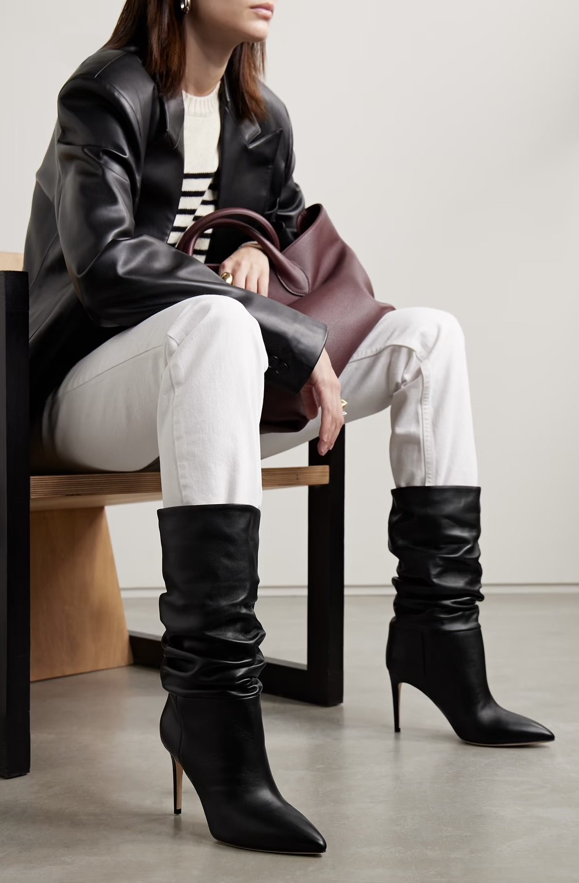 White Jeans and Striped Sweater with Black Leather Slouchy Boots — Slouchy Boots Outfits