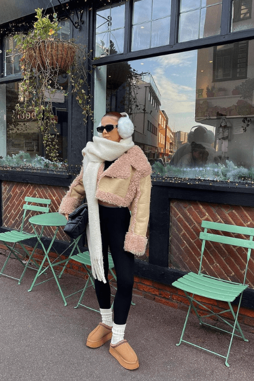 Winter Warmth: Platform Ugg Slippers with Shearling Jacket — Ugg Slippers Outfits