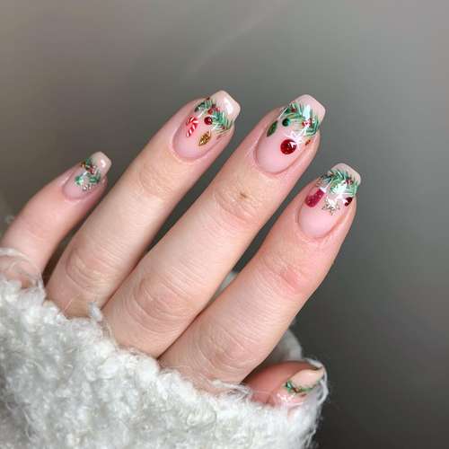 Sheer Nude Holly Berry Almond Nails — Winter Wonderland Nails