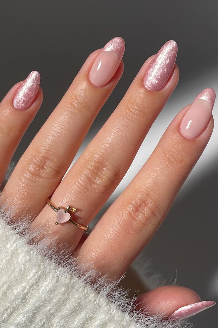 Pale Pink Pearlescent French Almond Nails — Short Winter Almond Nails