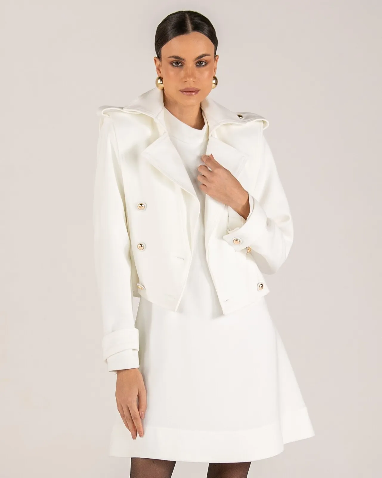 White Cropped Jacket with Gold Buttons for a Formal Occasion — Peacoat Outfits
