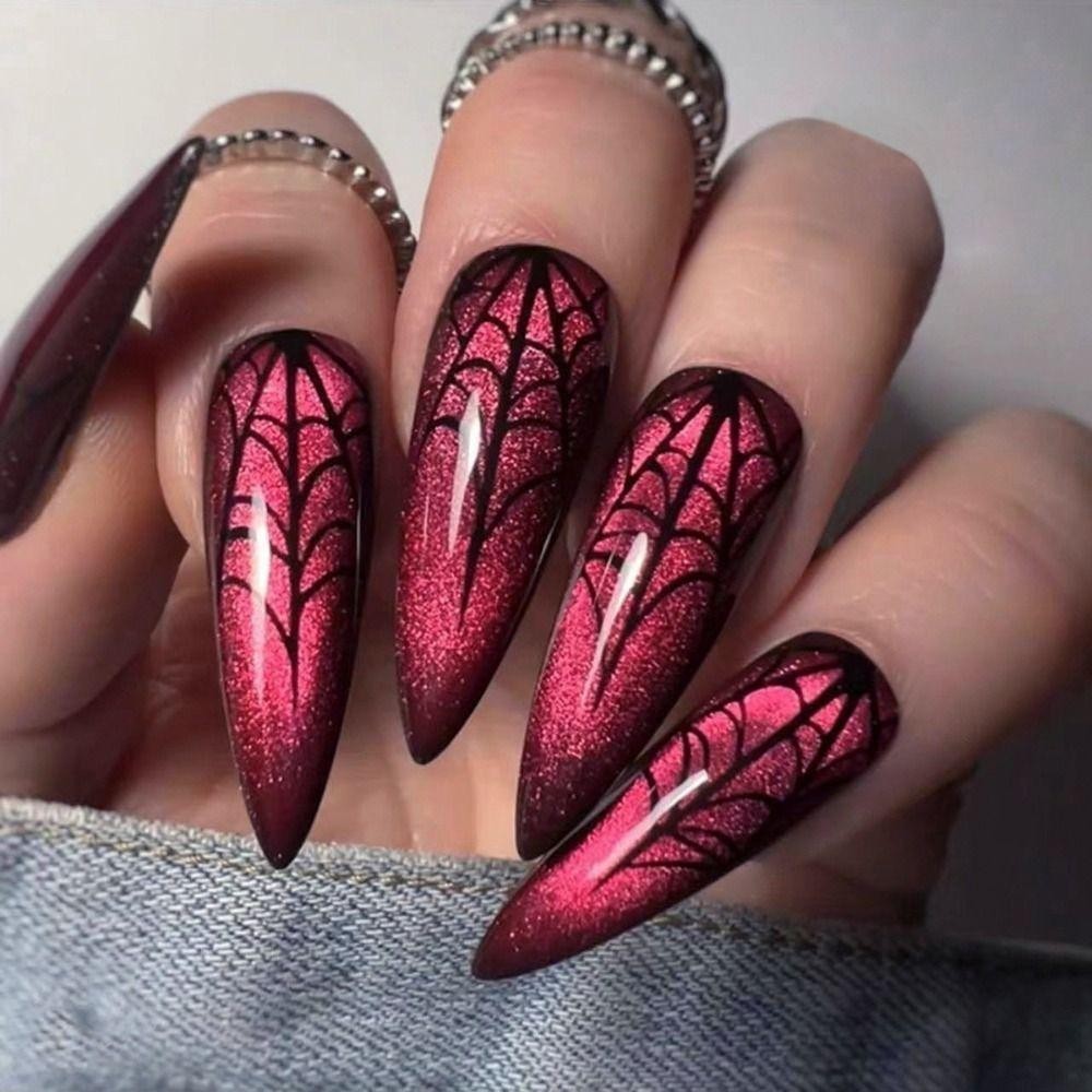 Shimmering Red with Black Spiderweb Shimmering Red with Black Spiderweb — Cherry Red Nails