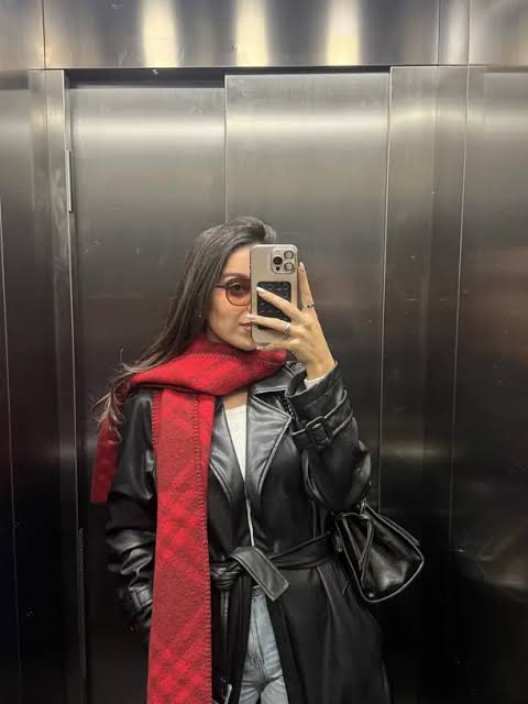 Belted Leather Coat with Plaid Scarf Streetwear — Baddie Winter Outfits