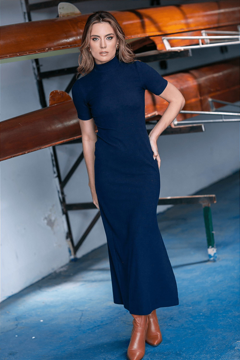 Navy Ribbed Knit Turtleneck Maxi Dress with Ankle Boots — Turtleneck Outfits