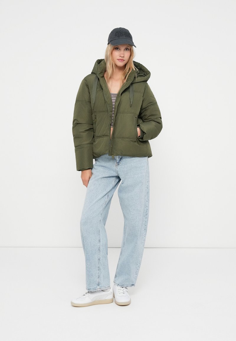 Cropped Olive Green Puffer Jacket with Hood Cropped Olive Green Puffer Jacket with Hood — Winter Coats for Women