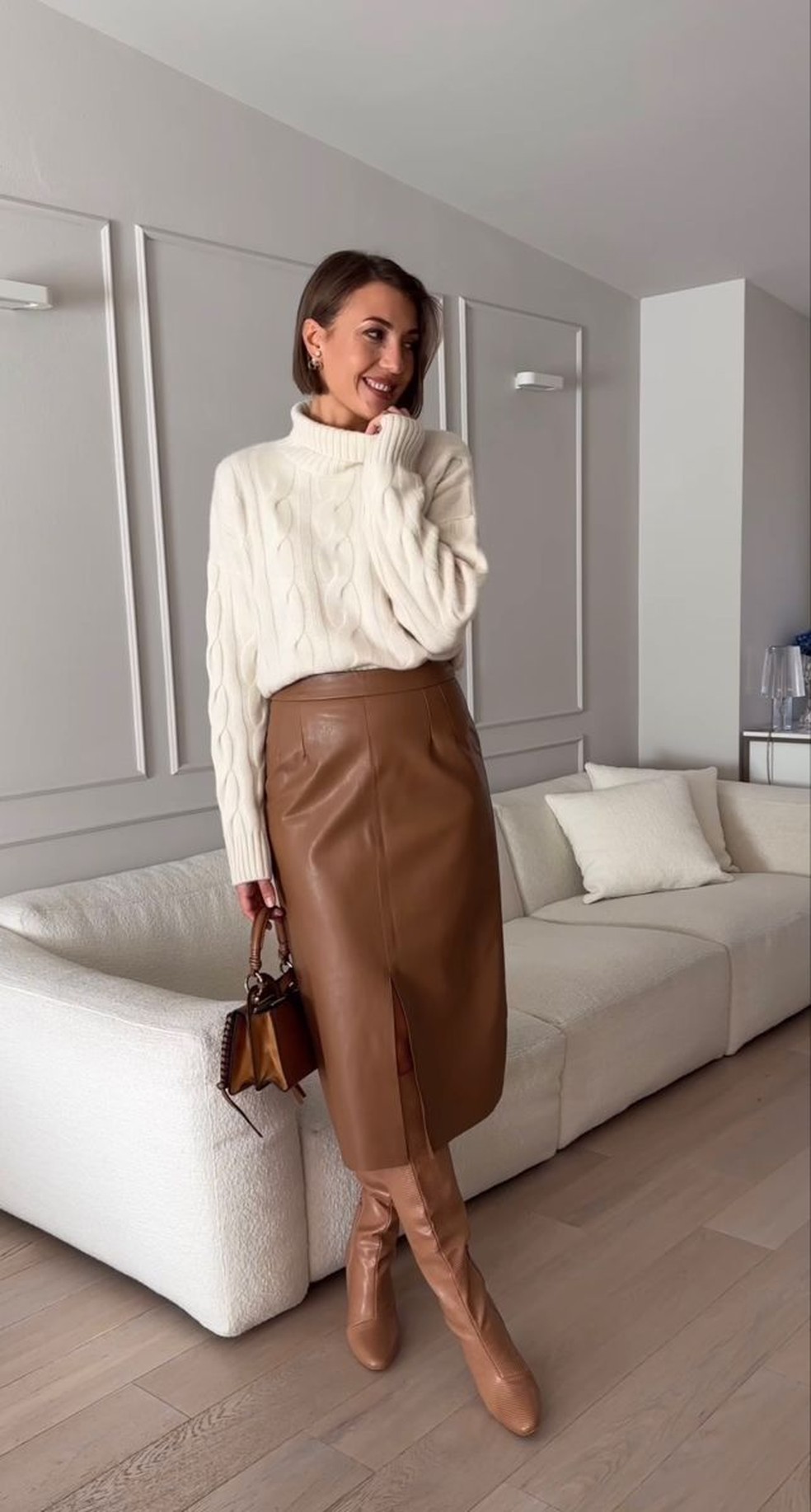 Brown Leather Midi Skirt with Front Slit and Cable-Knit Sweater — Leather Skirt Outfits