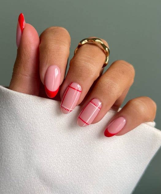 Pale Pink Red French Tip Plaid Oval Nails Pale Pink Red French Tip Plaid Oval Nails — Winter Nail Designs