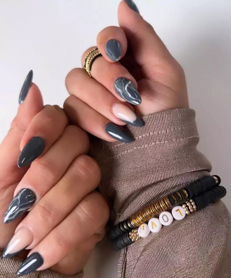Deep Grey Marble Almond Nails — Long Winter Nails