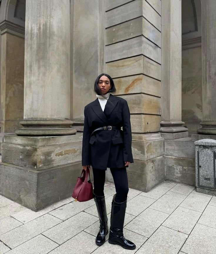 Sophisticated Grey Ensemble with Black Riding Boots and Long Coat — Riding Boots Outfits