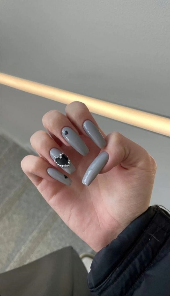 Long Coffin with Black Heart Charm — Winter Gray Nails
