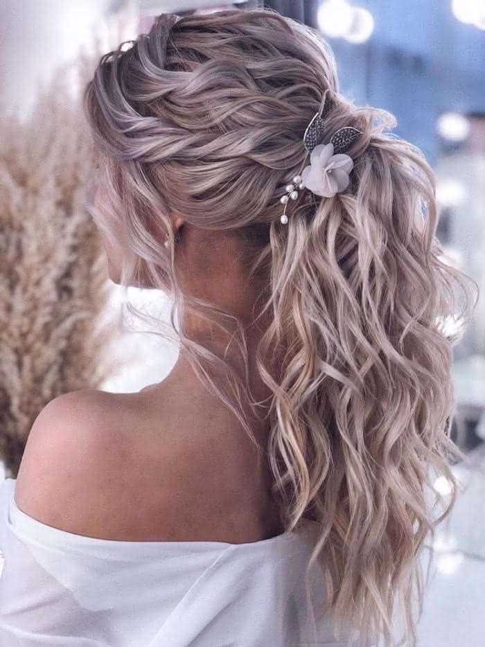 Braided Ash Blonde Ponytail With Accessory — Winter Wedding Hairstyles