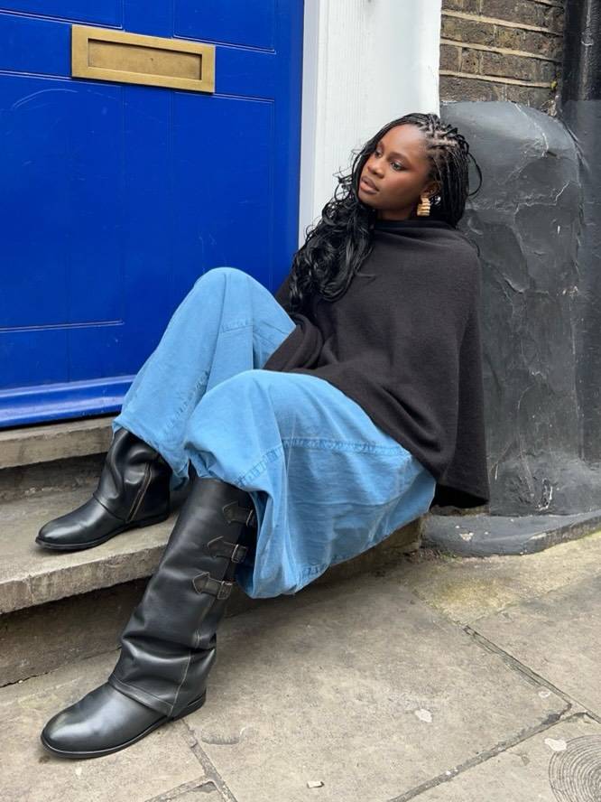Relaxed Poncho Style with Slouchy Boots — Black Boots Outfits