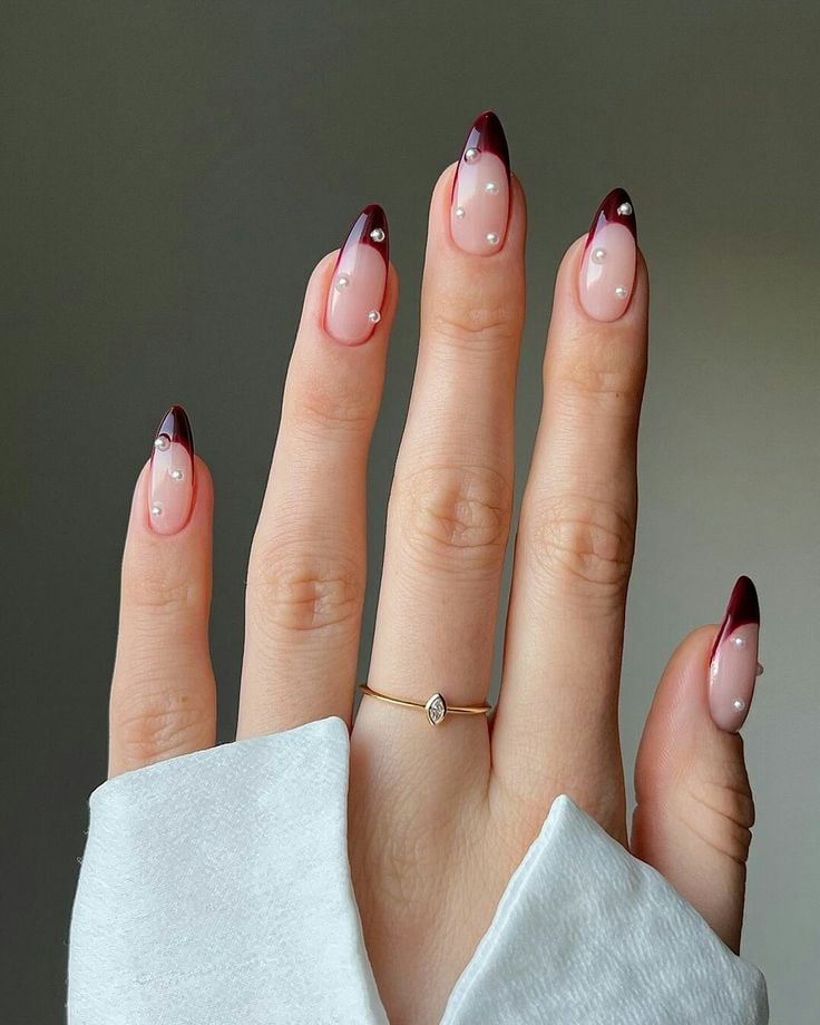 Long Almond Burgundy Tips with Pearls Long Almond Burgundy Tips with Pearls — Winter French Tip Nails