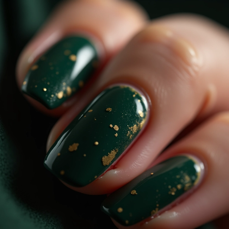 Gold Flakes Scattered On Nails Visual Idea — Emerald Green Nails