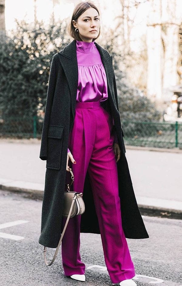 Bold Magenta Satin Blouse and Trousers with a Wool Coat Bold Magenta Satin Blouse and Trousers with a Wool Coat — Winter Photoshoot Outfits