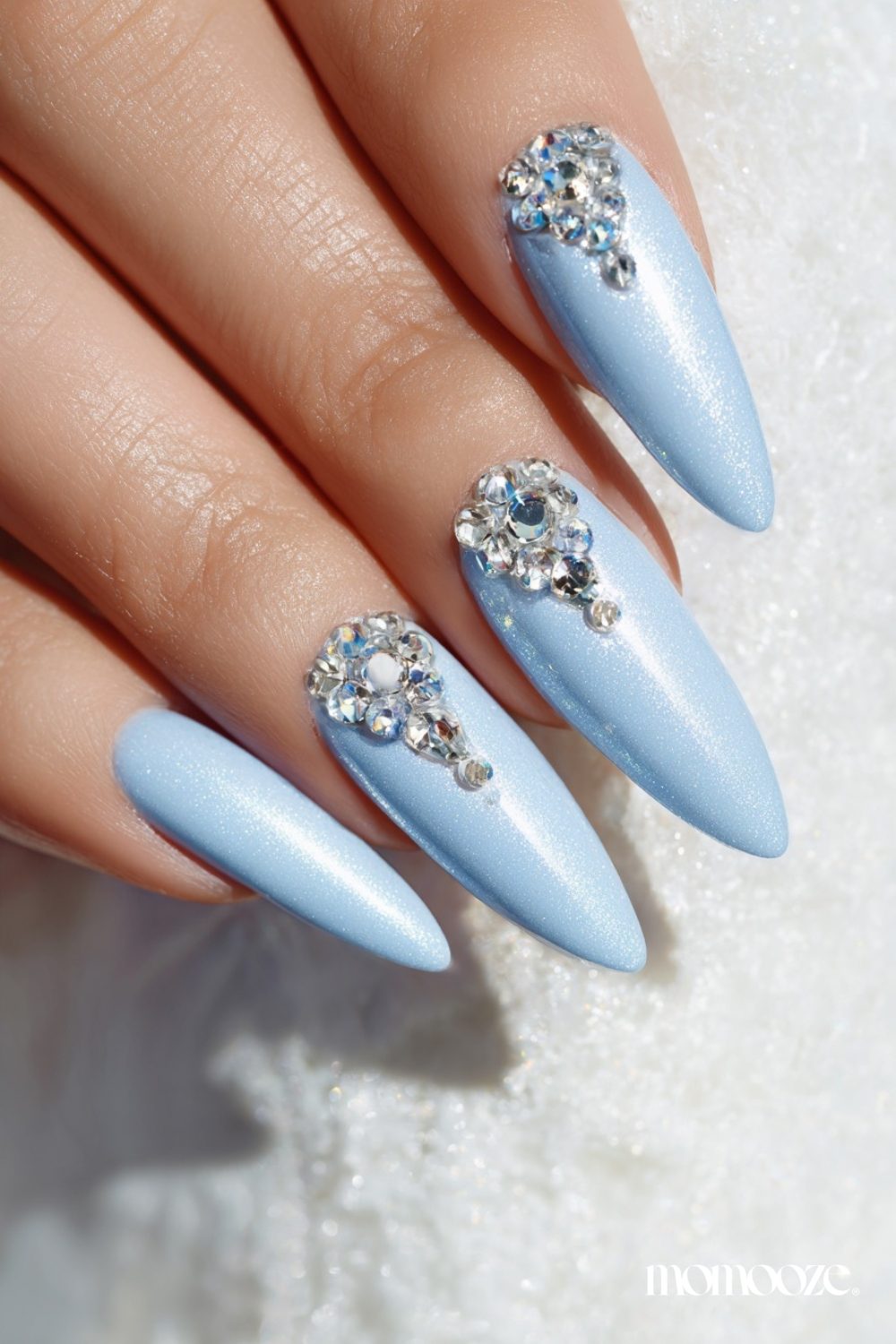Light Blue Shimmer Rhinestone Stiletto Nails Light Blue Shimmer Rhinestone Stiletto Nails — Winter Nail Designs