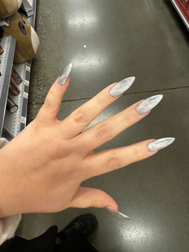 Long Stiletto Chrome with Foil Accents — Silver Chrome Nails