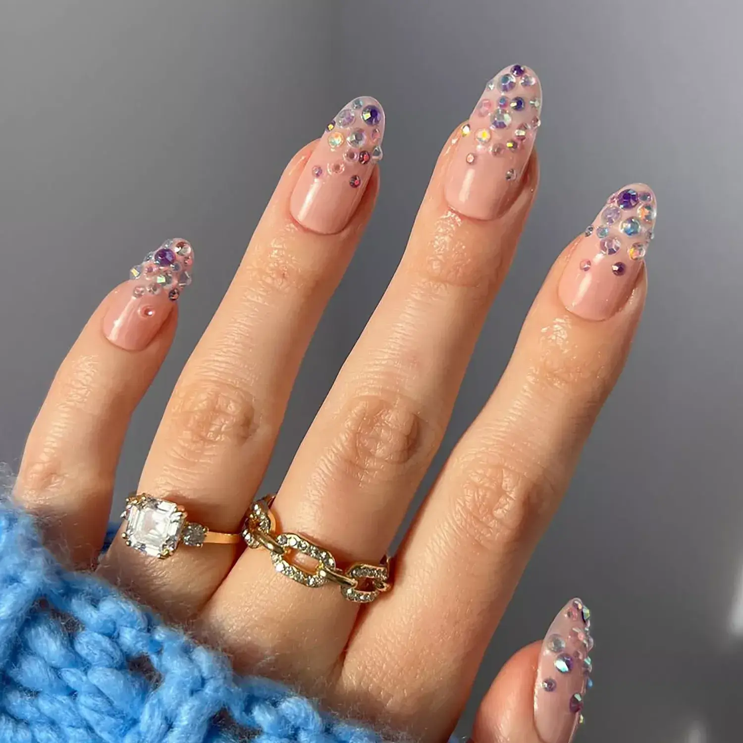 Long Stiletto Sheer Nude Glitter Rhinestone Nails — Everyday Winter Nails