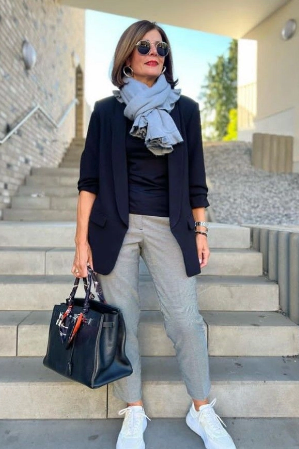 Sophisticated Black Blazer with Light Blue Scarf and Sneakers — Winter Outfits for Women Over 60