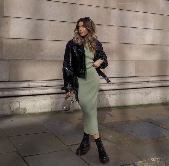 Sage Green Knit Dress with an Edgy Patent Leather Jacket — Winter Dress Outfits