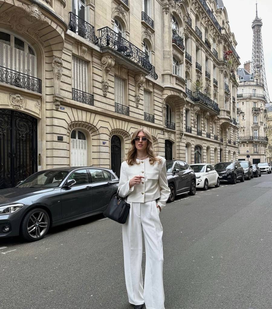 Chic All-White Suit with Wide-Leg Trousers and Black Accessories — Paris Winter Outfits