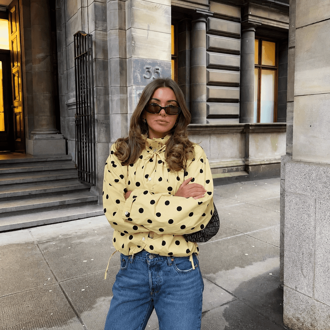 Playful Yellow Polka Dot Jacket with Blue Jeans for Casual Brunch Playful Yellow Polka Dot Jacket with Blue Jeans for Casual Brunch — Winter Brunch Outfits