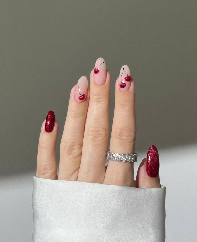 Cherry Red with Glitter Cherry Art — Black Cherry Nails