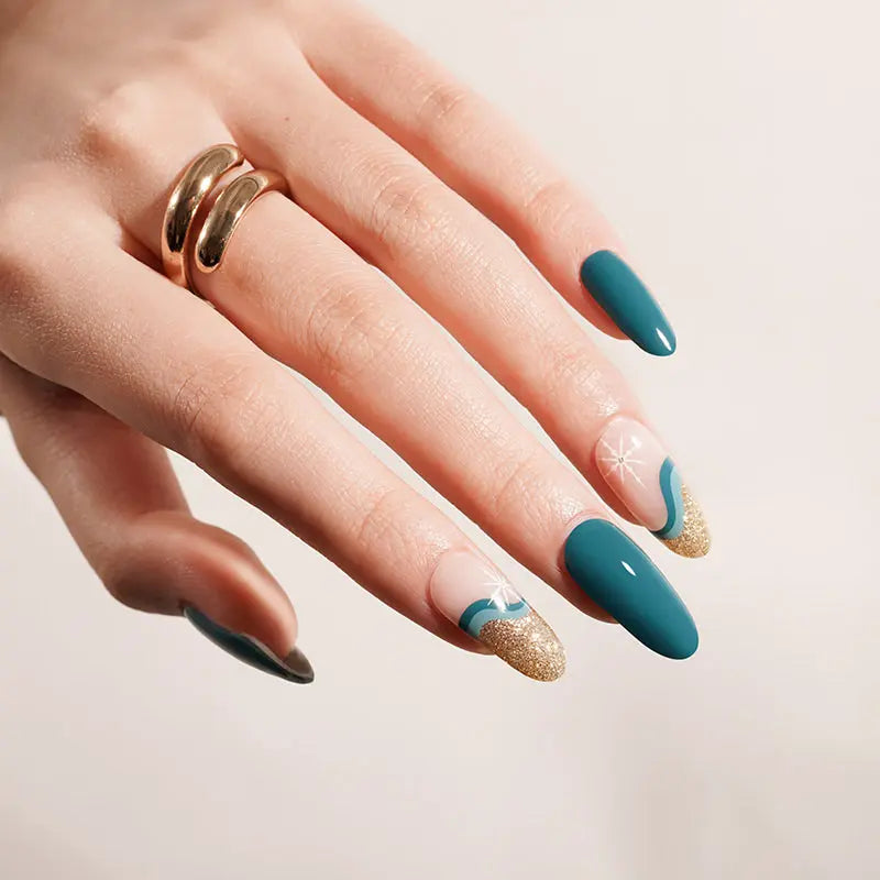 Teal Abstract Gold Glitter Almond Nails Teal Abstract Gold Glitter Almond Nails — Winter Nail Art