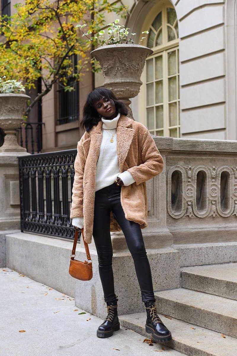 Cozy Yet Chic: Camel Teddy Coat with Leather Pants — Brown Coat Outfits