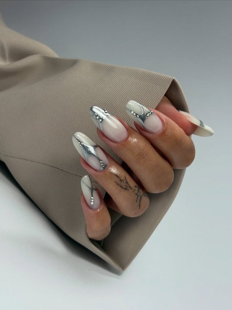 Milky French Almonds with Chrome Accents — Winter Gel Nails