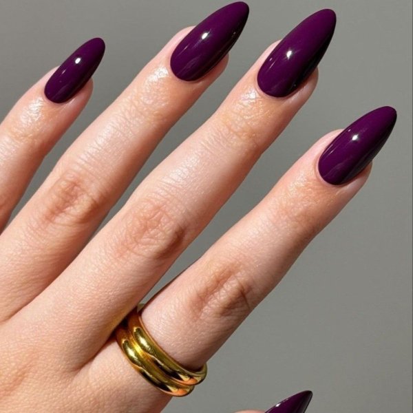 Rich Deep Plum Glossy Almond — Winter Purple Nails