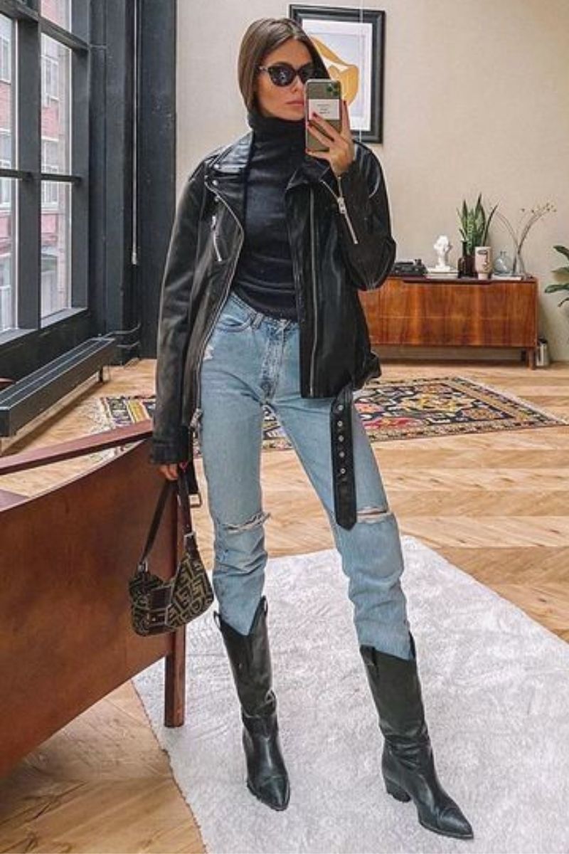 Western Boots with Leather Jacket and Ripped Jeans — Black Boots Outfits