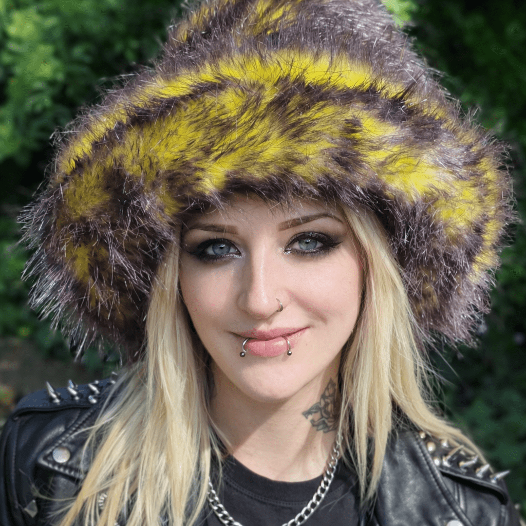 Casual Striped Faux Fur Hat with Studded Leather Jacket — Fur Hat Outfits