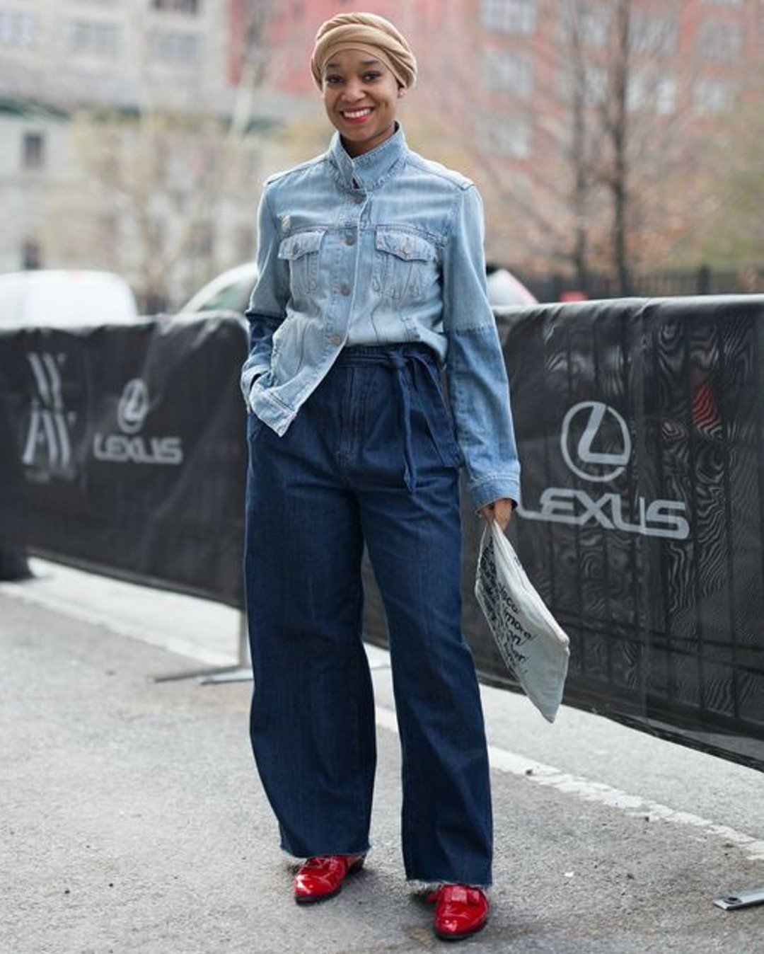 Denim-on-Denim with Wide-Leg Jeans and a Pop of Red — Winter Outfits with Jeans