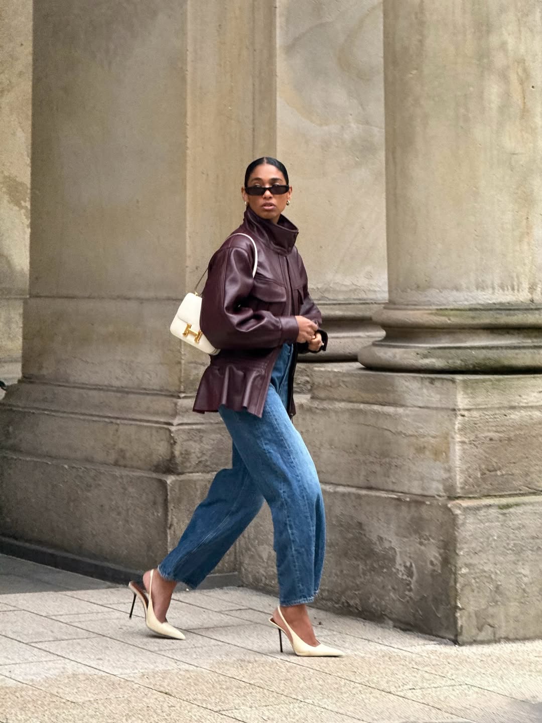Turtleneck Under Burgundy Leather Jacket with Cream Slingbacks — Turtleneck Outfits