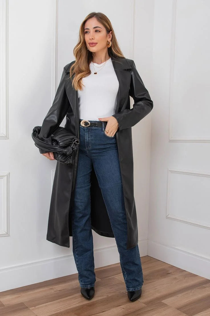 Sophisticated Black Leather Jacket with Velvet Maxi Skirt — Black Coat Outfits